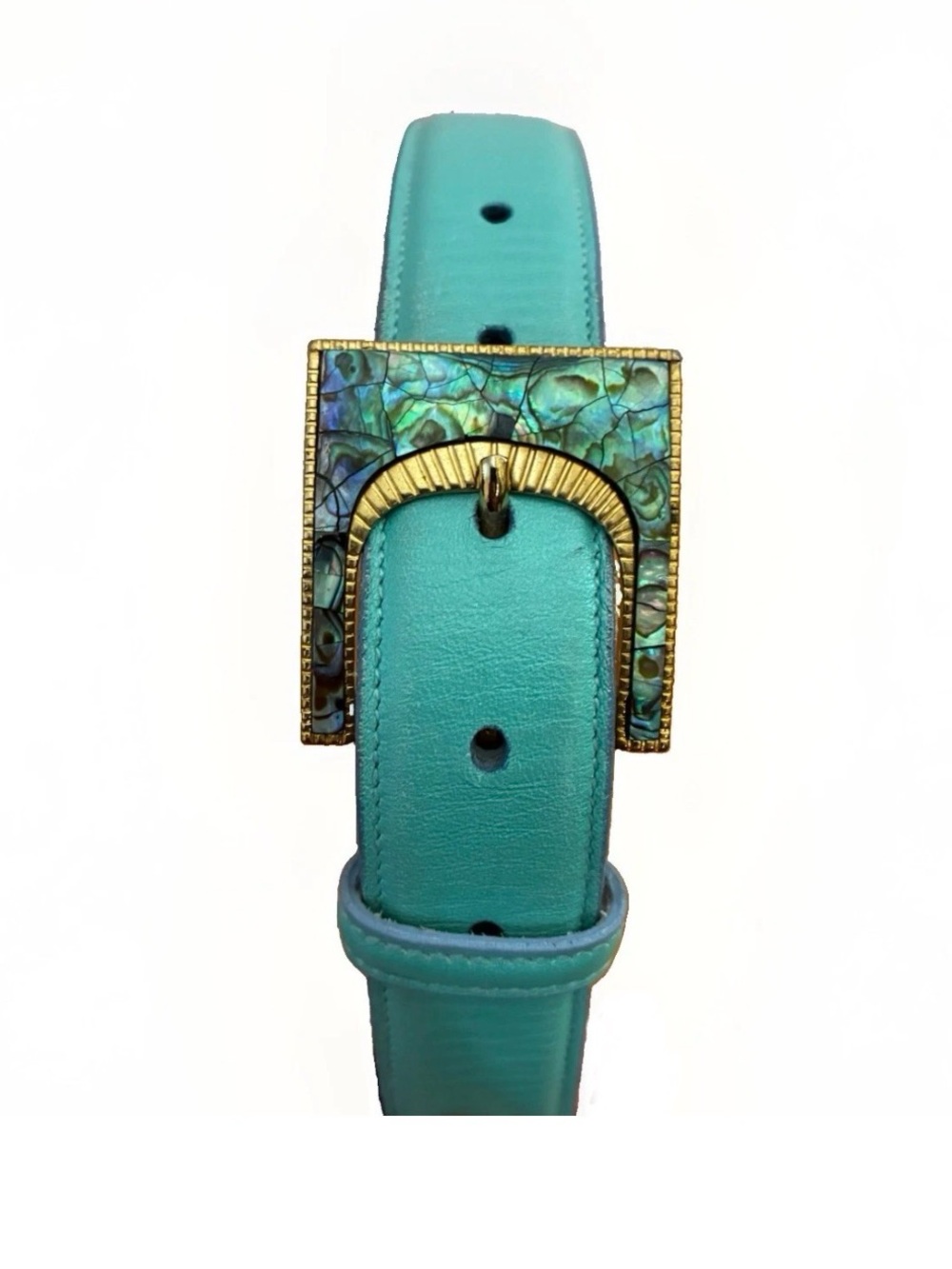 Carlisle Aqua Blue Leather Belt with Abalone Inlay Gold Buckle